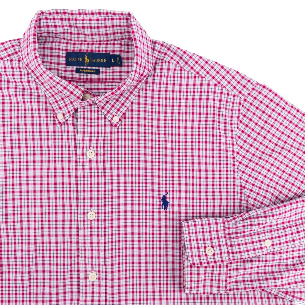 Ralph Lauren Mens L Performance Button Down Shirt Pink Gingham Stretch Preppy